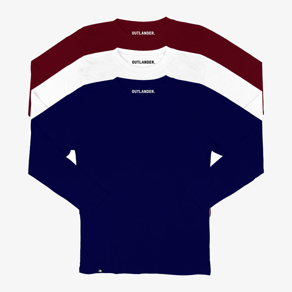 Basic 3 Pack Full Sleeve T-shirts (Maroon, White, Navy)