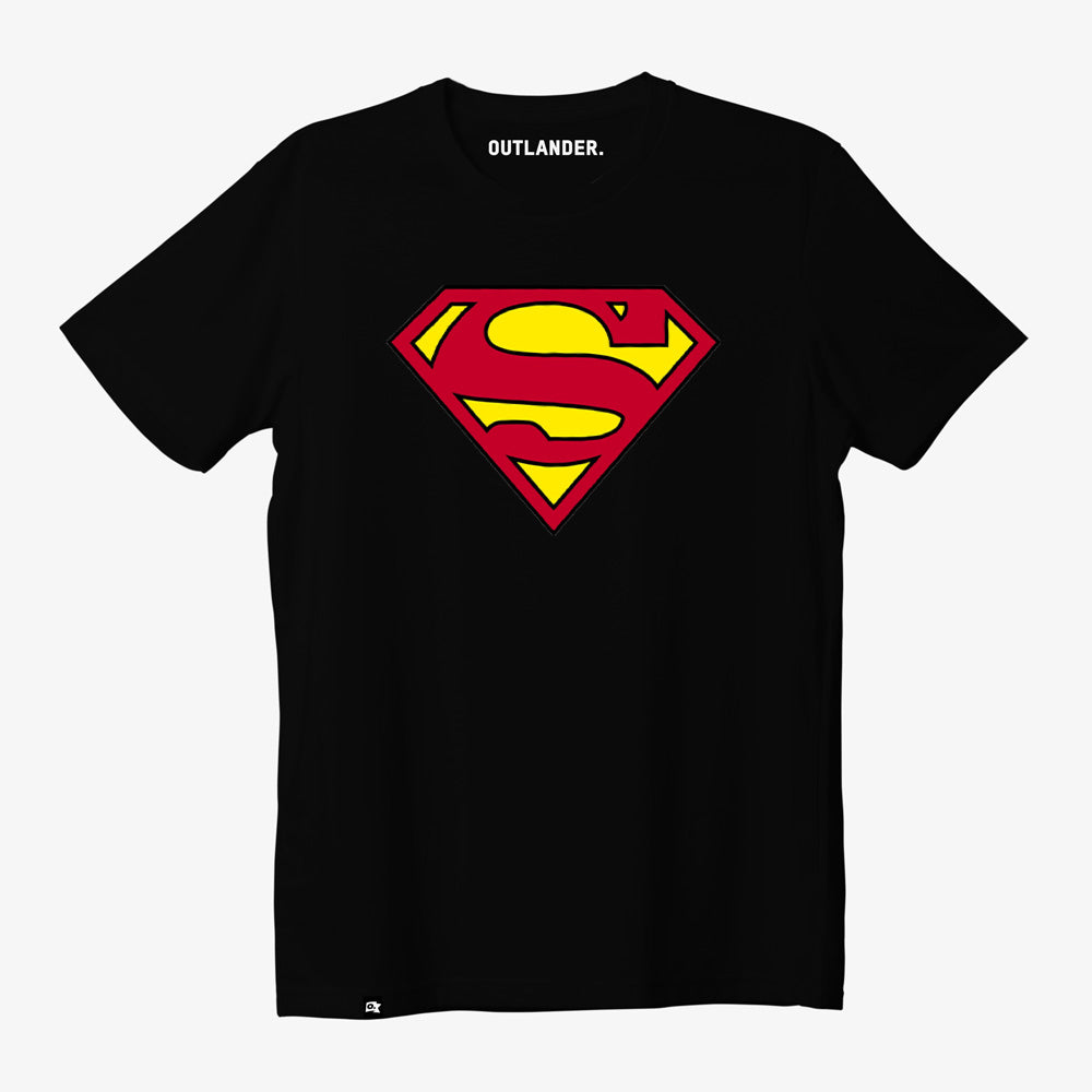 Black t-shirt with Superman logo on a white background
