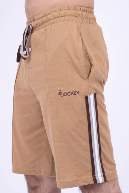 Tan shorts with a visible brand logo on a white background