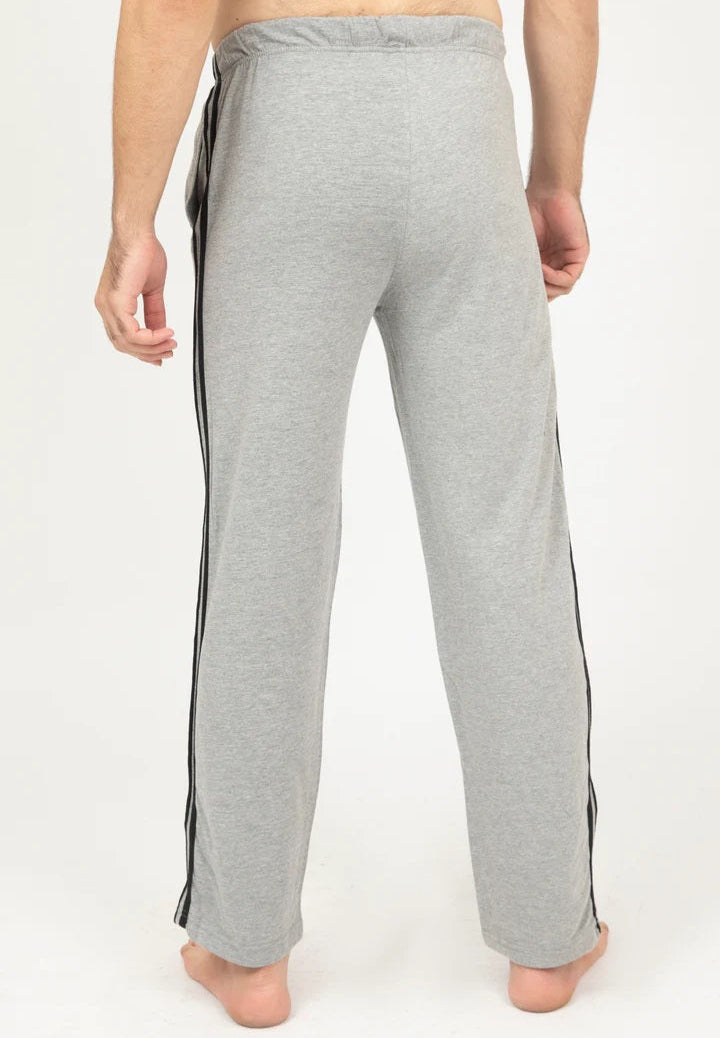 Gray sweatpants with black stripes on a white background