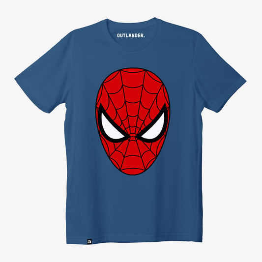 Blue t-shirt with a red Spider-Man mask graphic on a white background