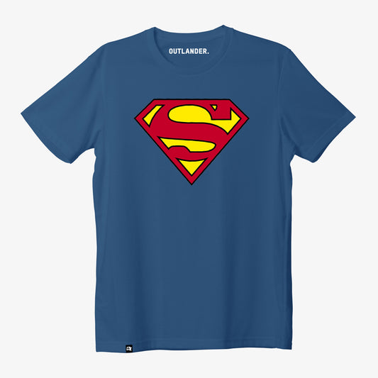 Blue t-shirt with Superman logo on a white background