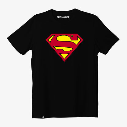 Black t-shirt with Superman logo on a white background